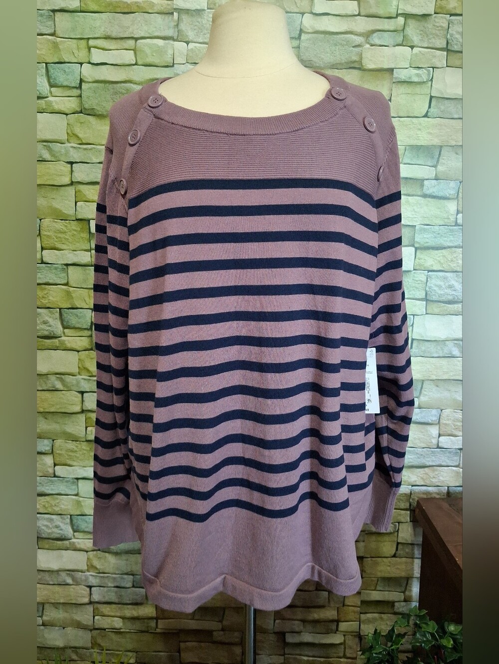New 2X Liz Claiborne Mauve Navy Striped Boatneck Sweater